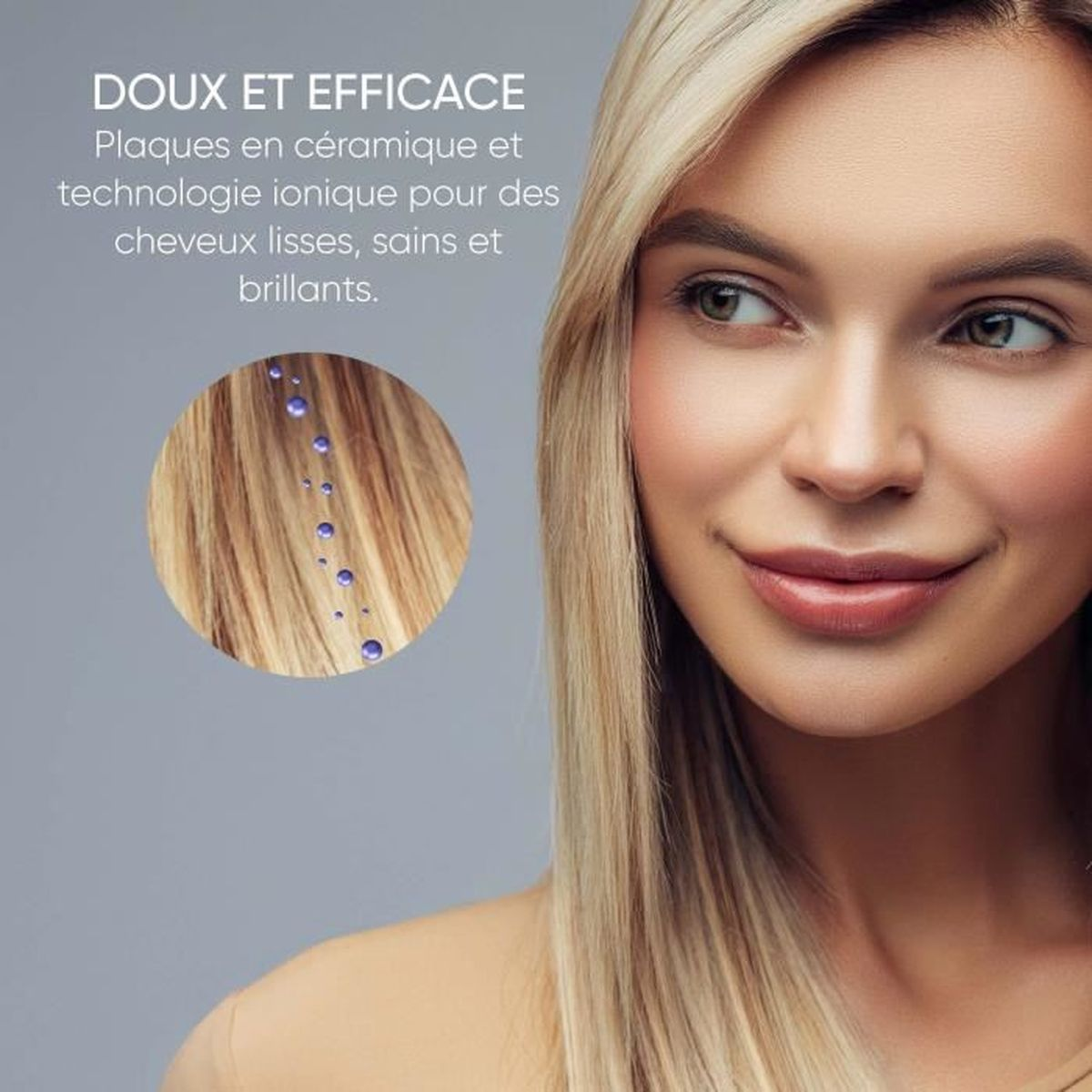Una donna sorridente con capelli biondi. Accanto, un primo piano di capelli con gocce d'acqua.