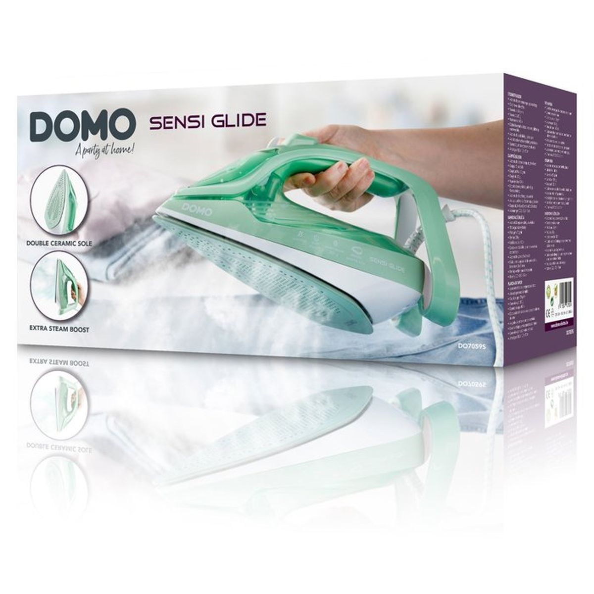 Dampfbügeleisen der Marke DOMO, Modell SENSI GLIDE, in Hellgrün.