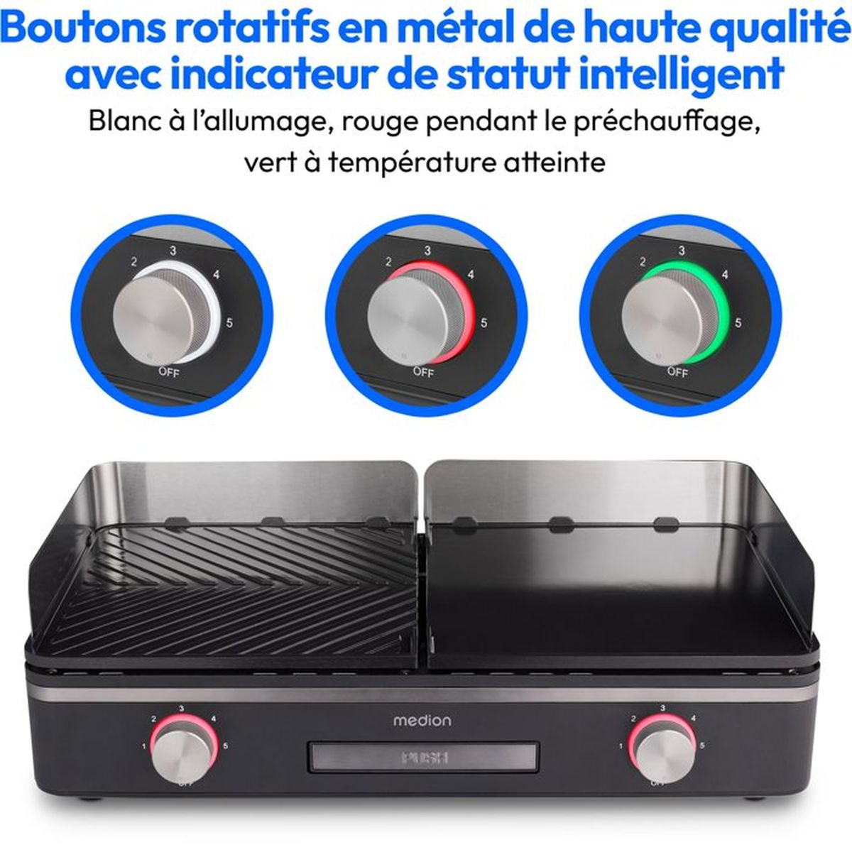Grill met drie draaiknoppen: wit (aan), rood (voorverwarmen), groen (temp).