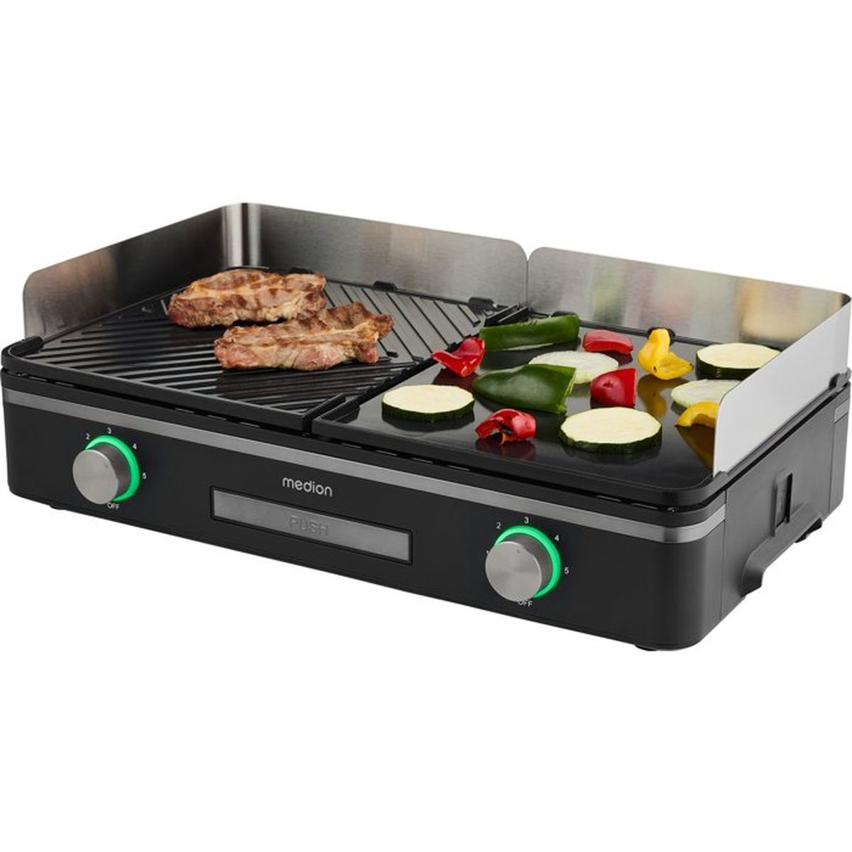 Elektrische grill met vlees en groenten, dubbele kookzones, Medion logo.