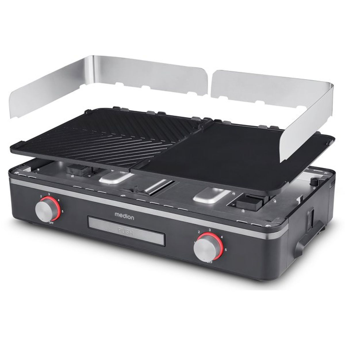 Een Medion tafelgrill met geribbelde grillplaat en gladde plaat, met windschermen.