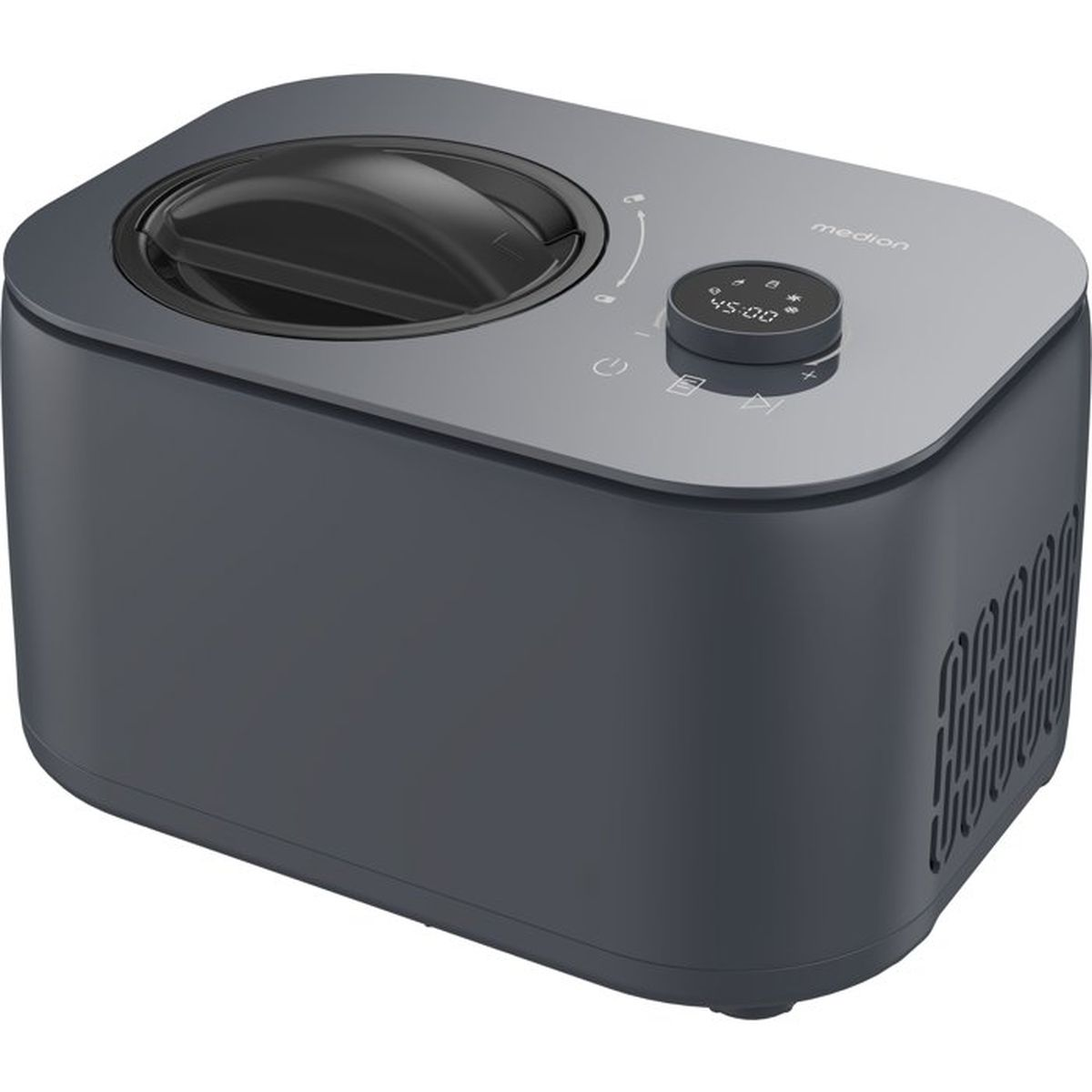 Macchina per gelato Medion grigio scuro con display digitale e coperchio.