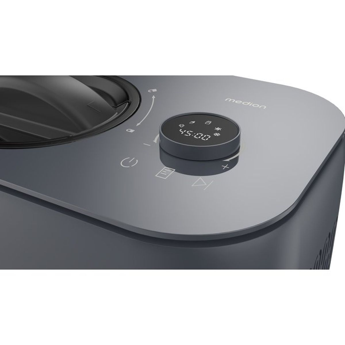 Dispositivo Medion grigio con timer digitale e pulsanti di controllo.