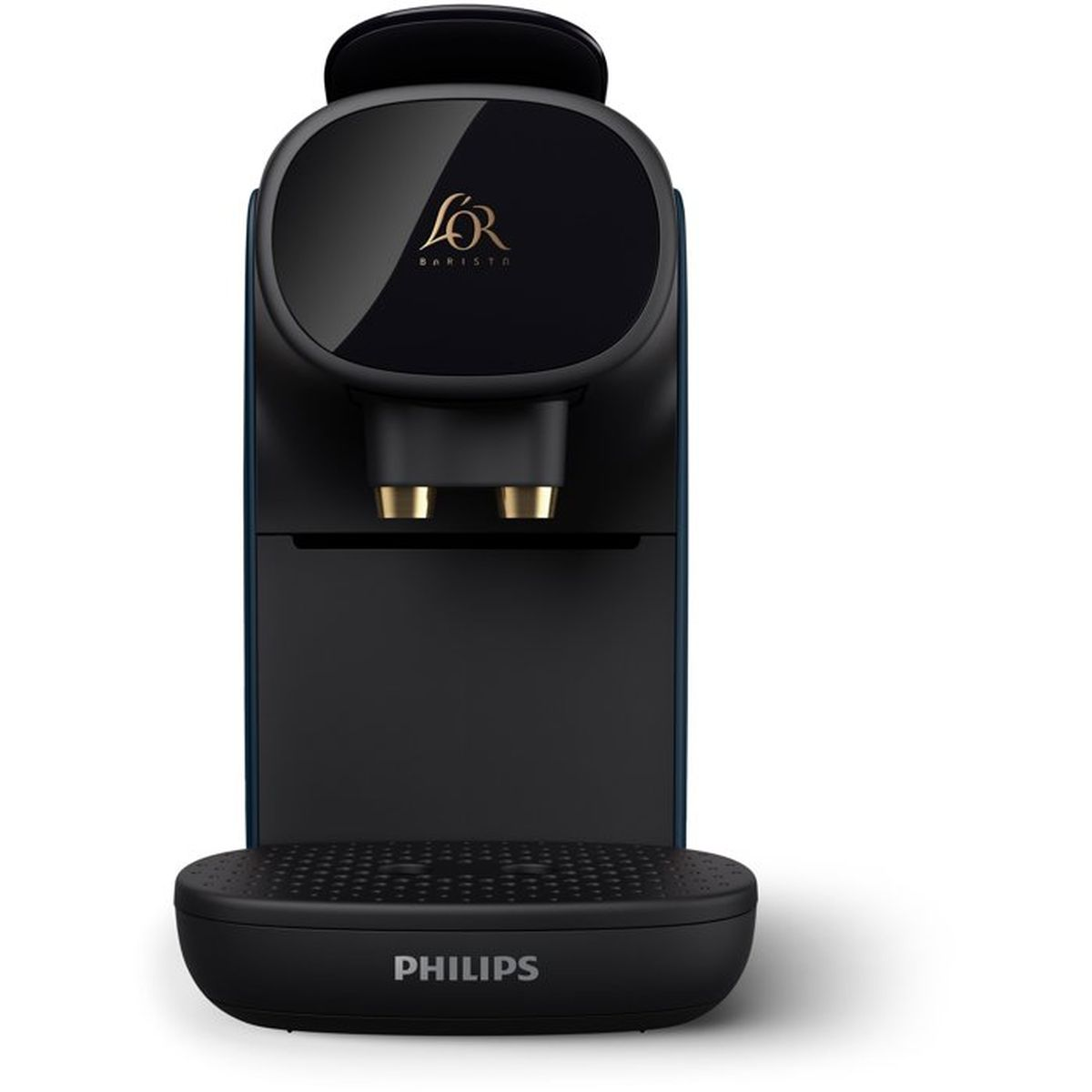 A black L'OR Barista coffee machine with gold accents and a Philips logo.