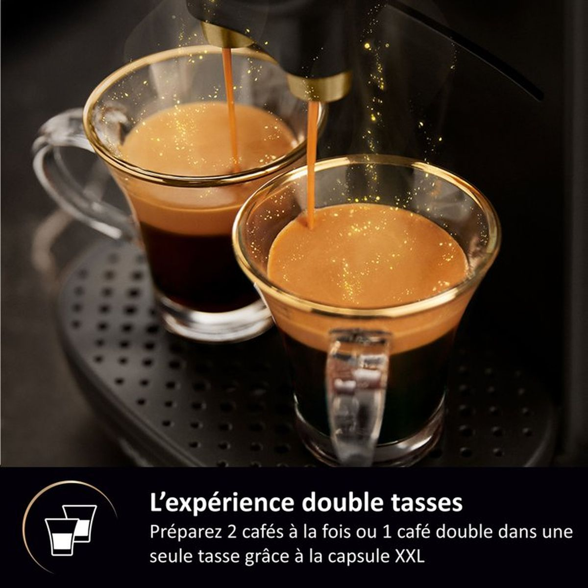 Two espresso cups are being filled by a machine.