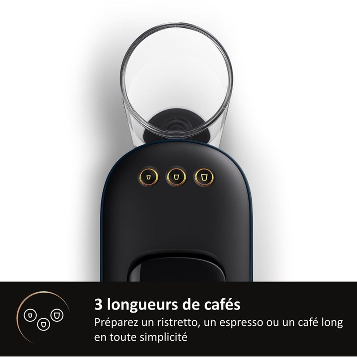 Black coffee machine with three illuminated buttons and a glass container.