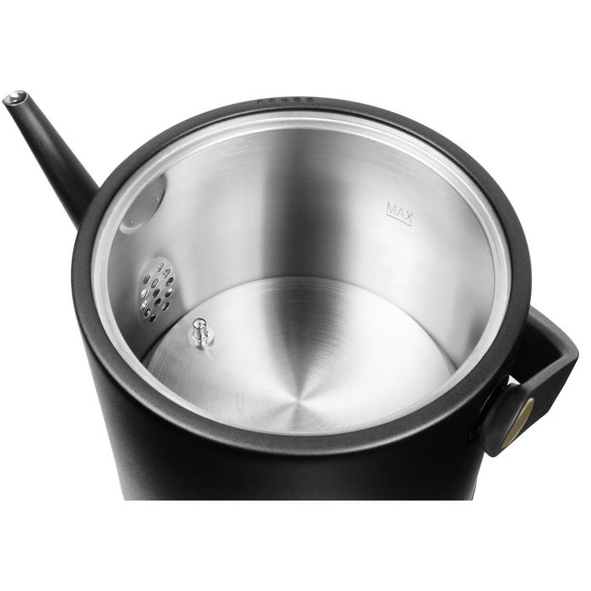Ein schwarzer Wasserkocher mit Edelstahl-Innenraum und Ausguss.