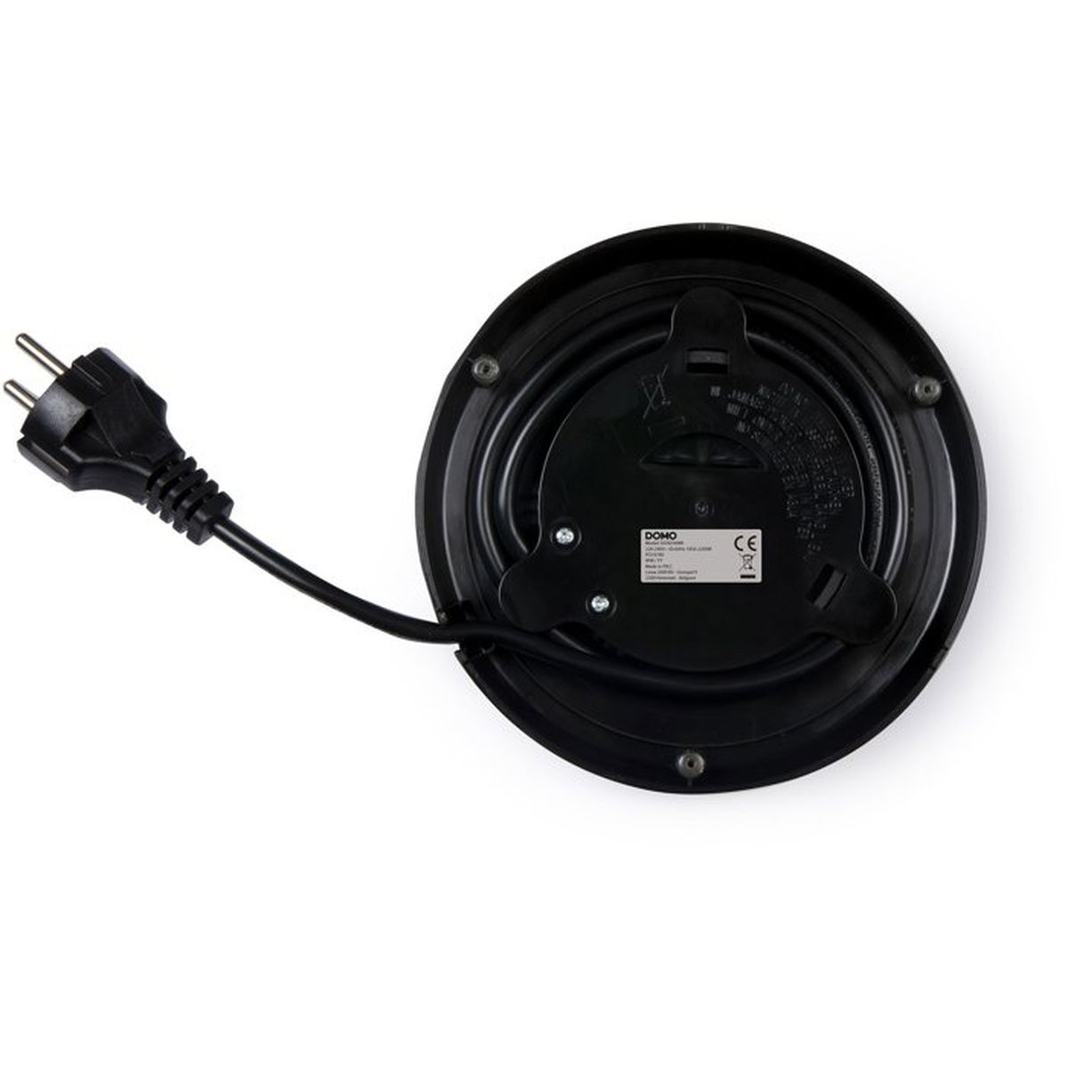 Parte inferiore di un bollitore elettrico nero con spina e marchio CE.