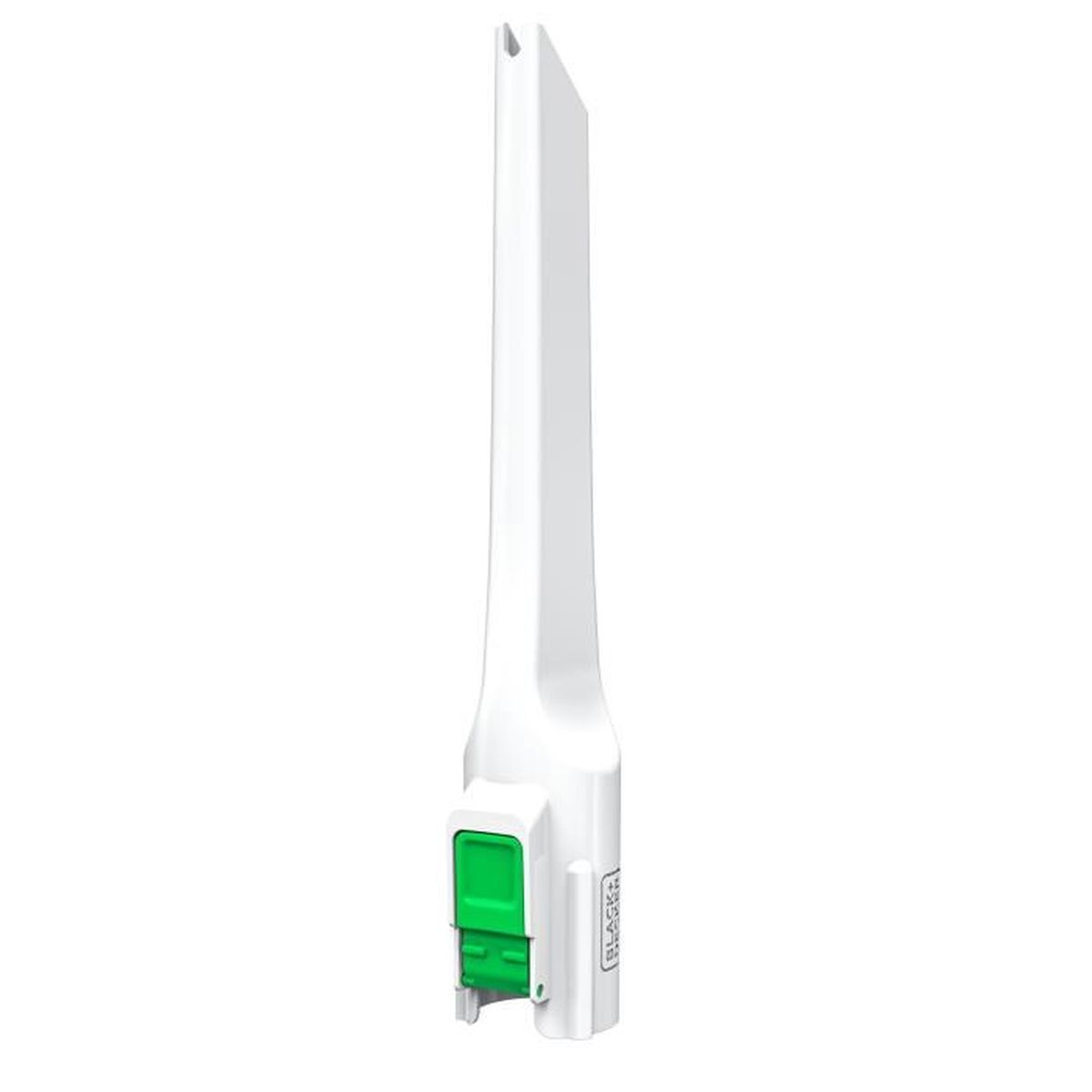 White handheld vacuum cleaner attachment with a green button and black logo.