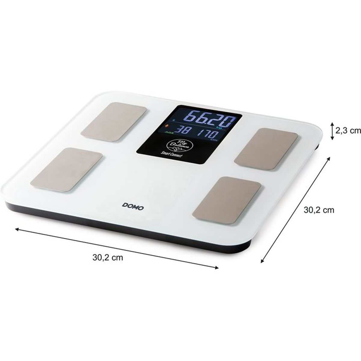 Weiße Personenwaage mit Display, das 66,20 kg anzeigt.