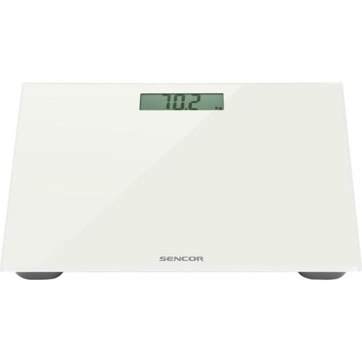 Eine weiße digitale Waage von Sencor zeigt 70,2 kg an. Draufsicht, weißer Hintergrund.