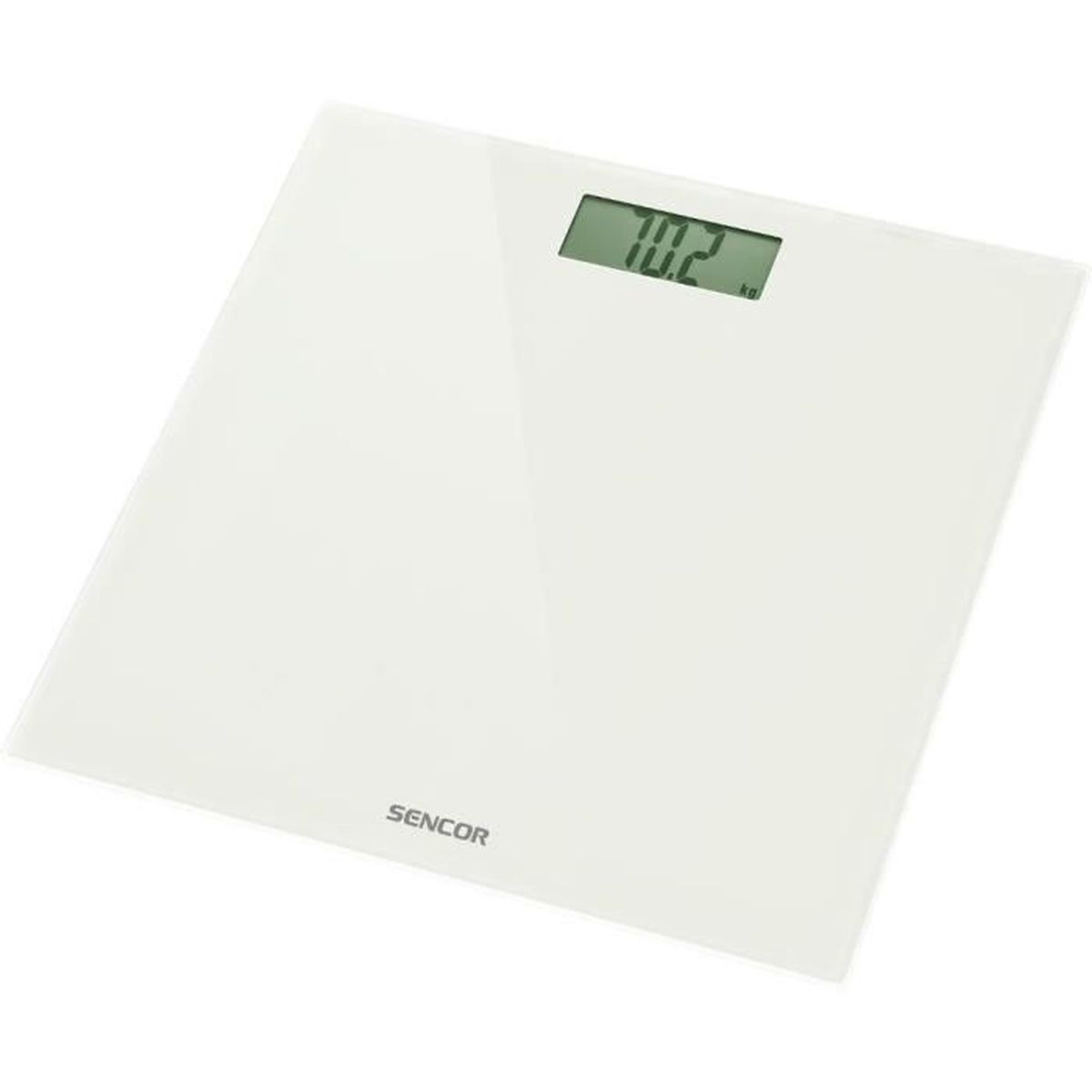 Weiße digitale Personenwaage mit einer Anzeige von 70,2 kg.
