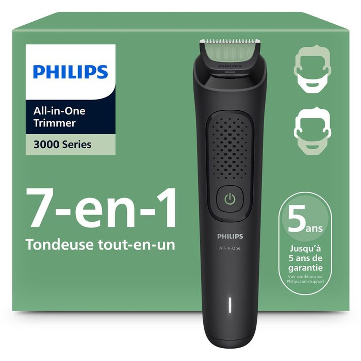 Philips 7-in-1 All-in-One Trimmer 3000 Series, black, with 5-year warranty.