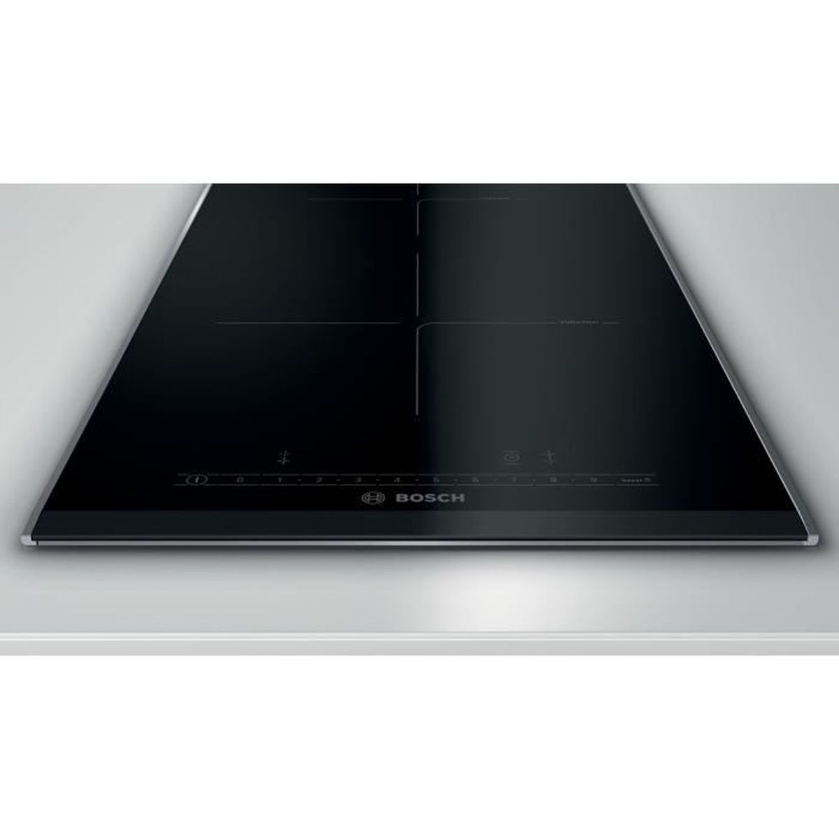 Black induction hob with touch controls and Bosch logo.