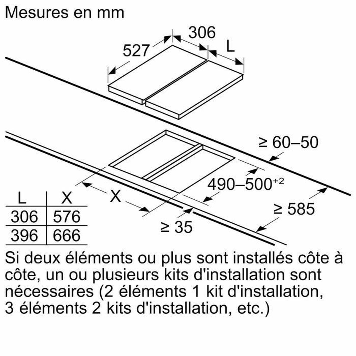 Installation drawing with dimensions for a cooktop. Measurements in mm.