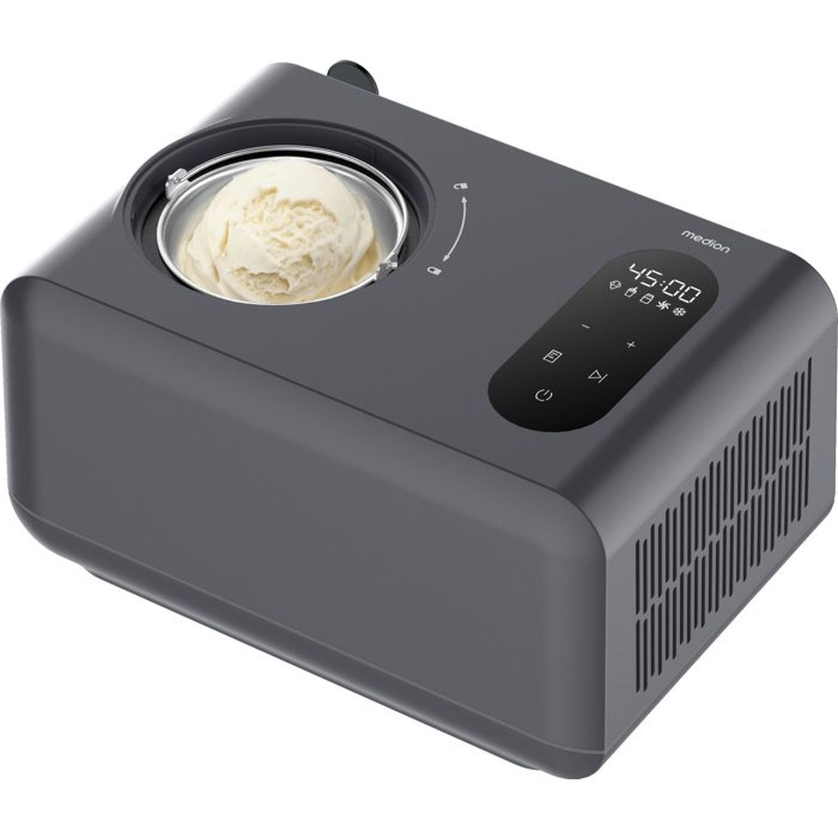 Gelatiera grigio scuro con gelato nella ciotola e display digitale.