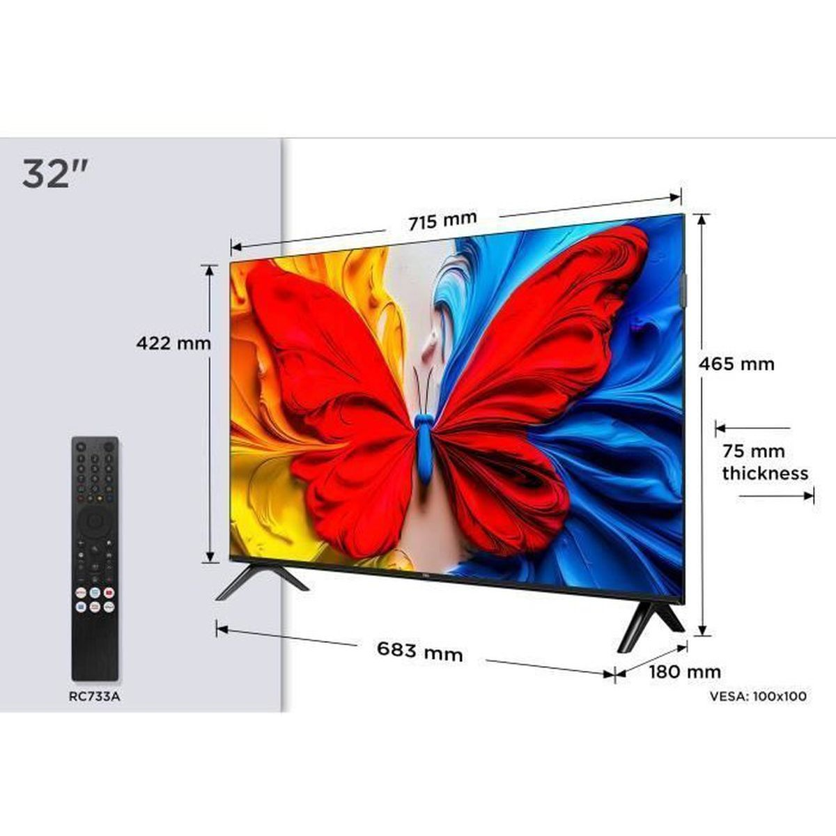 TV da 32 pollici con design a farfalla, dimensioni e telecomando.