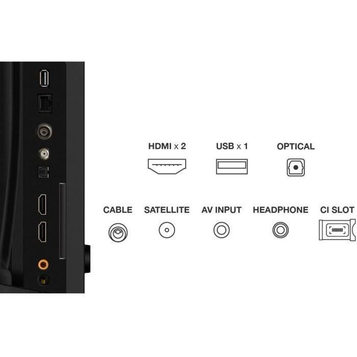 Porte di connessione: HDMI x2, USB x1, Ottico, Cavo, Satellite, Ingresso AV, Cuffie, Slot CI.