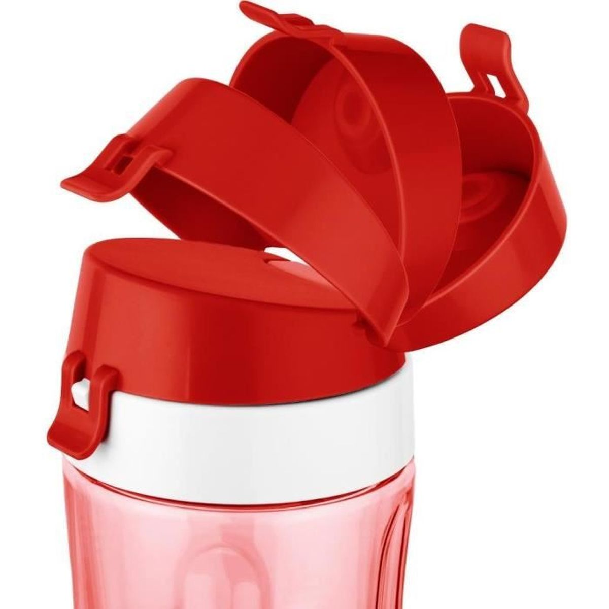 Red bottle cap with white and pink elements, against a white background.