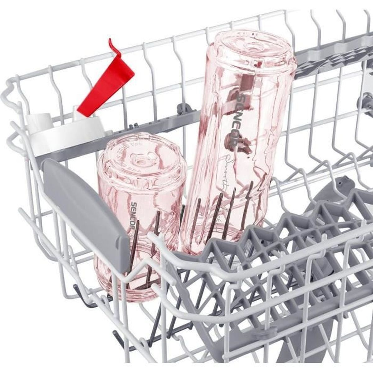 Pink glasses in a dishwasher basket with a red holder.
