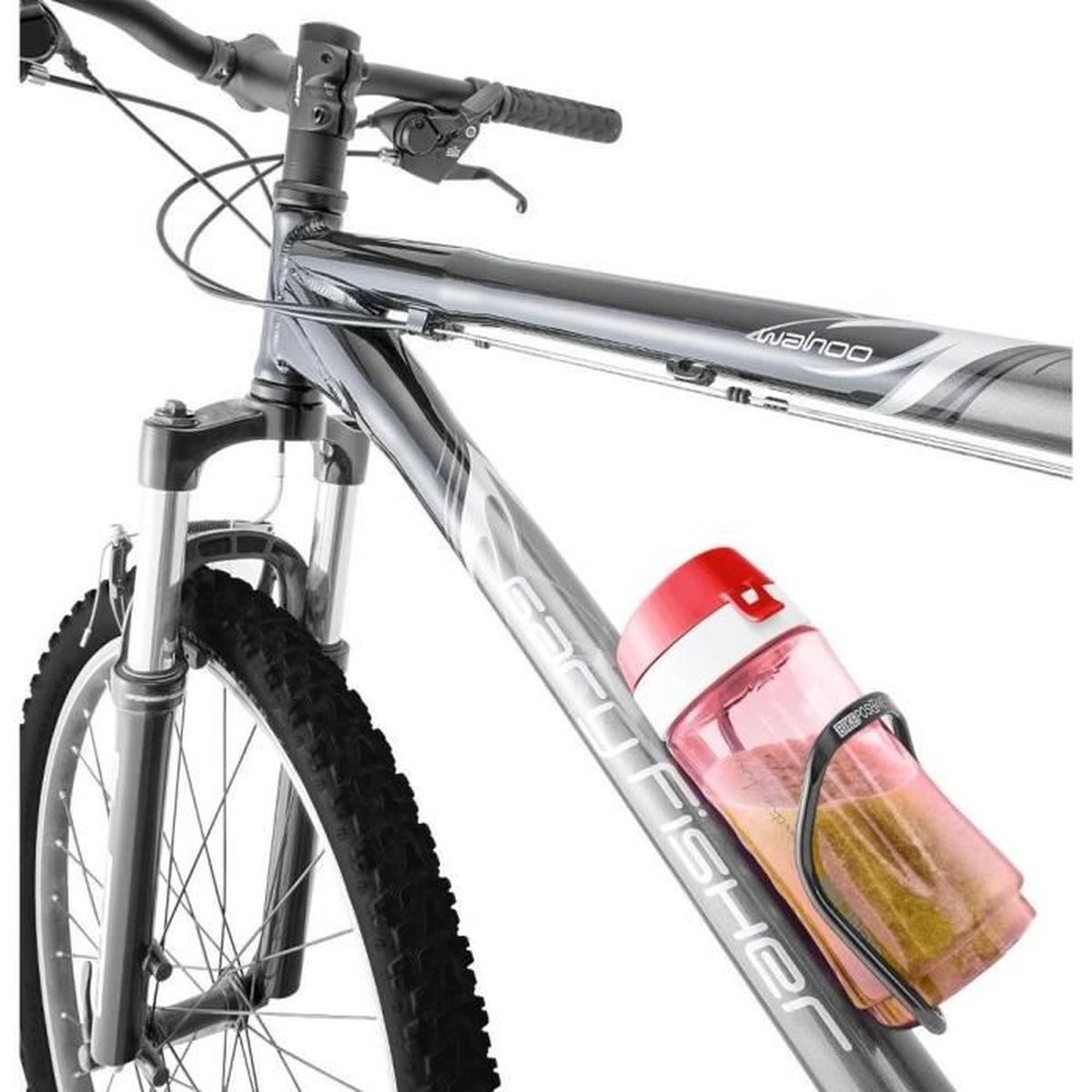 Close-up of a silver bicycle frame with a pink water bottle in its holder.