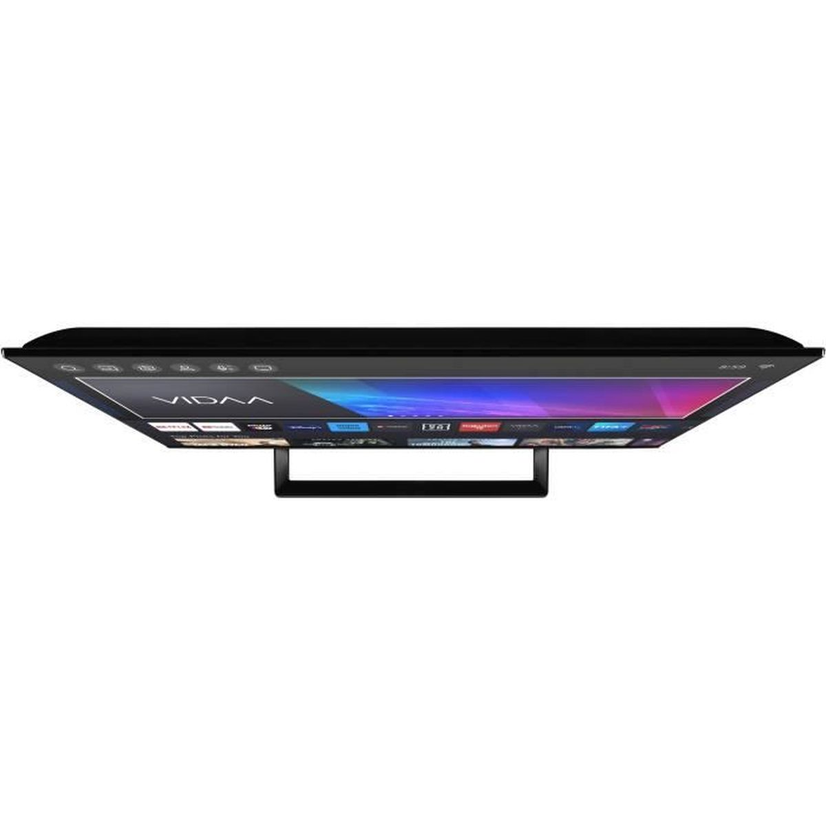 Un televisore nero con logo VIDAA e menu colorato su supporto metallico.
