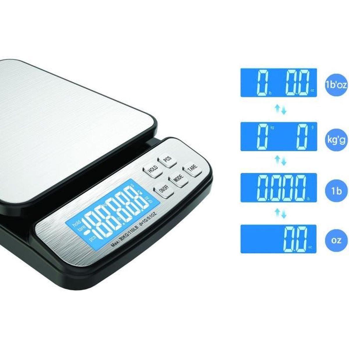Eine digitale Küchenwaage mit silberner Wiegefläche und blauer LCD-Anzeige zeigt 0.00 an.
