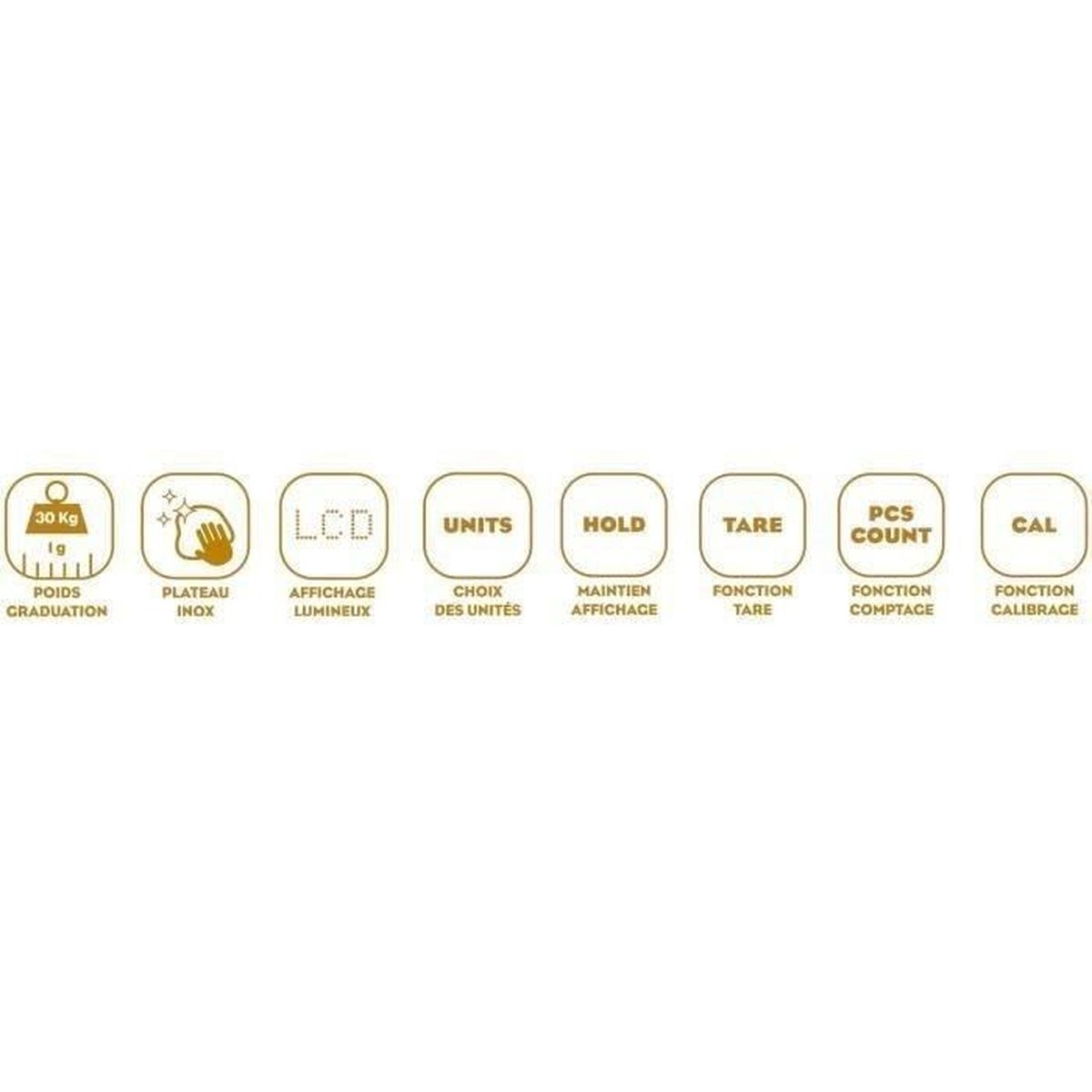 Symbole für Waagefunktionen: 30 kg, Edelstahlplattform, LCD, Einheiten, Halten, Tara, Stückzahl, Kalibrieren.
