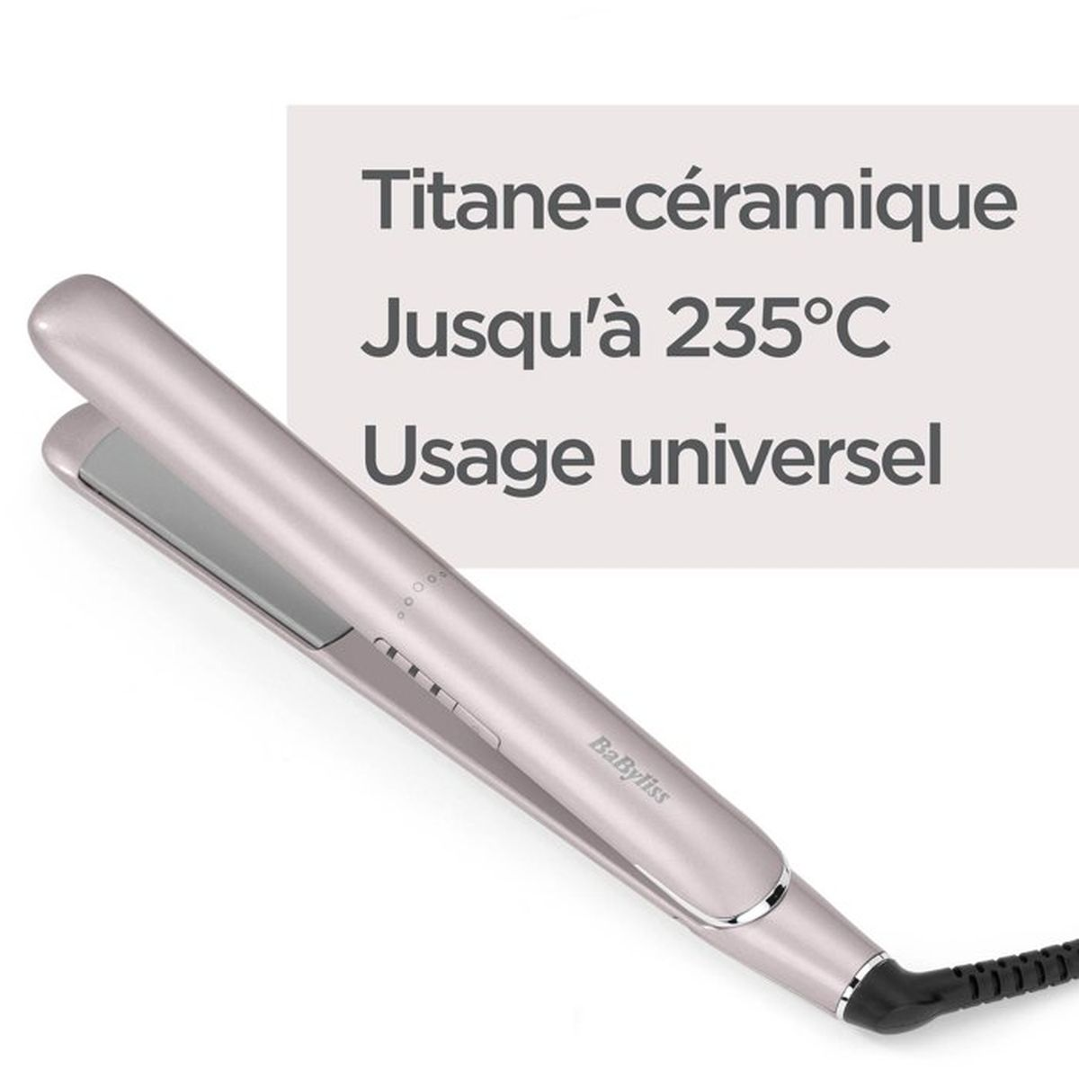 Una piastra per capelli rosa oro con piastre in titanio-ceramica, fino a 235°C.