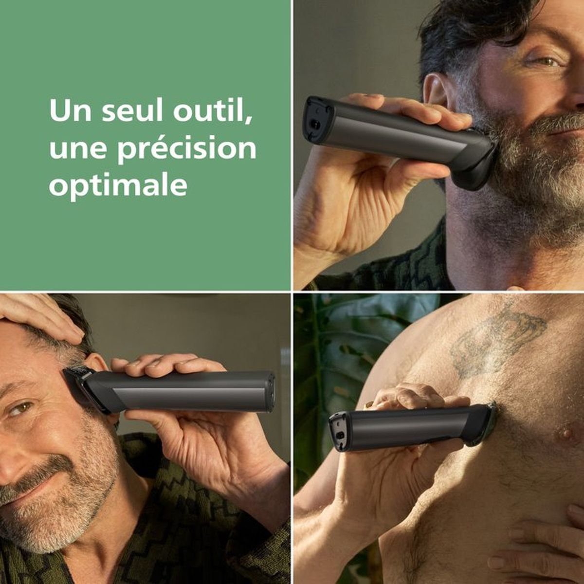 Ein Mann benutzt einen Trimmer für Gesicht, Kopf und Brust. Text: Ein Werkzeug, optimale Präzision.