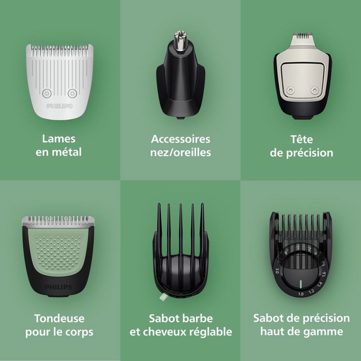 Sechs Teile eines Philips Trimmers: Metallklingen, Nasen-/Ohrhaartrimmer, Präzisionstrimmerkopf, Körpertrmmer, Bartkamm, Präzisionskamm.