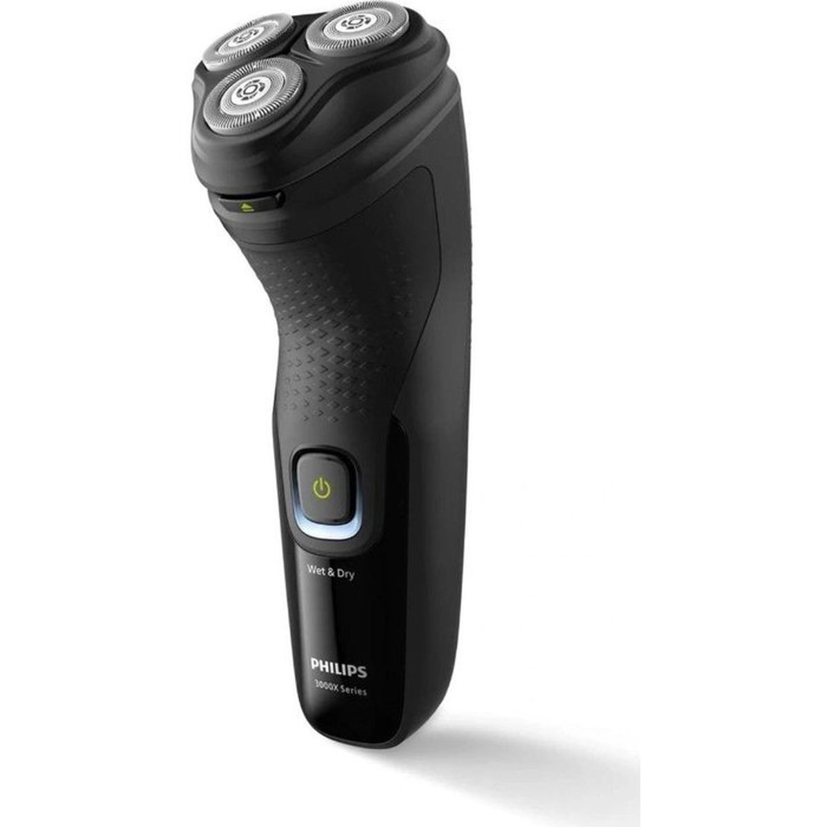 Rasoio elettrico Philips nero con tre testine rotanti e pulsante di accensione.