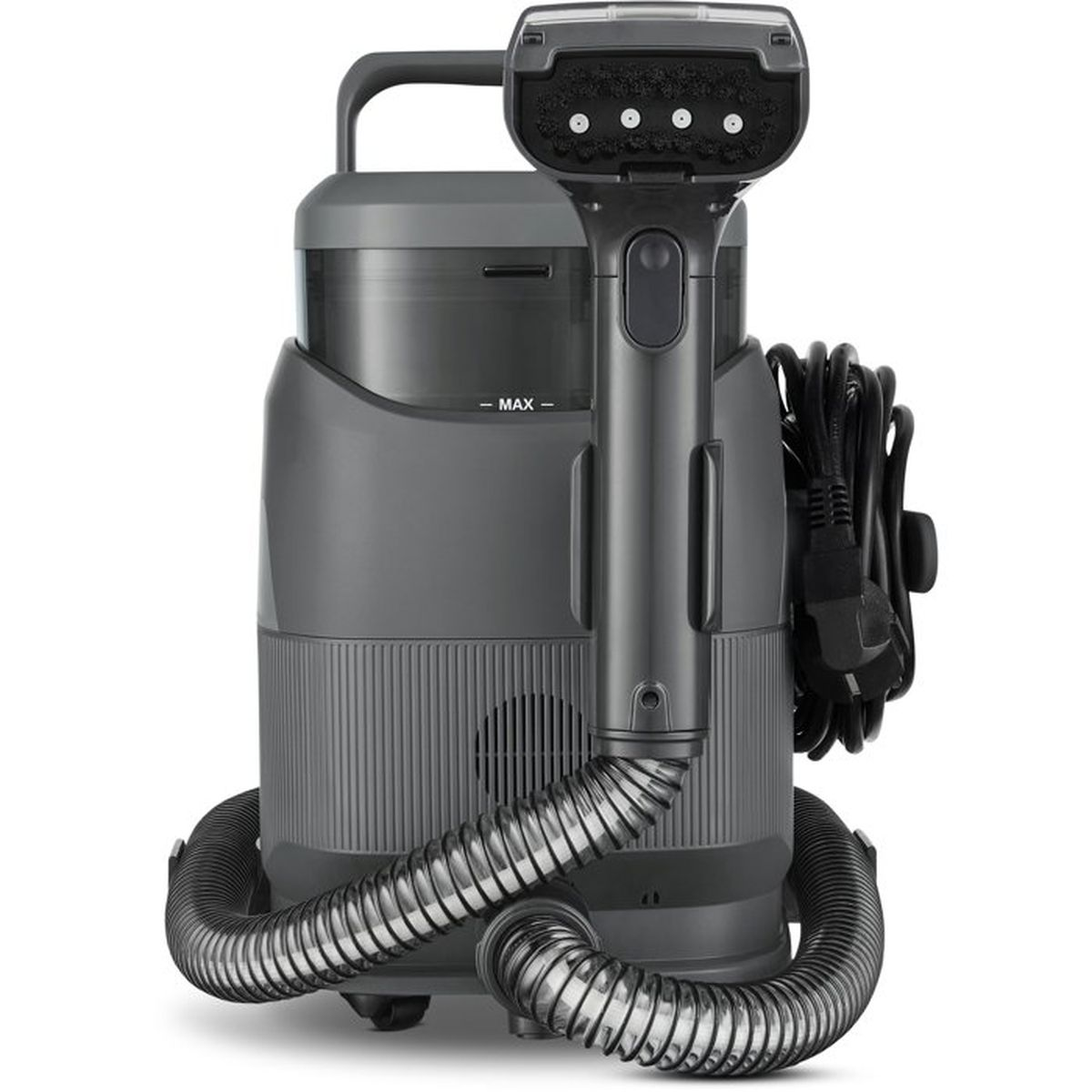 Grauer Dampfreiniger mit Schlauch, Kabel und Aufsatz.