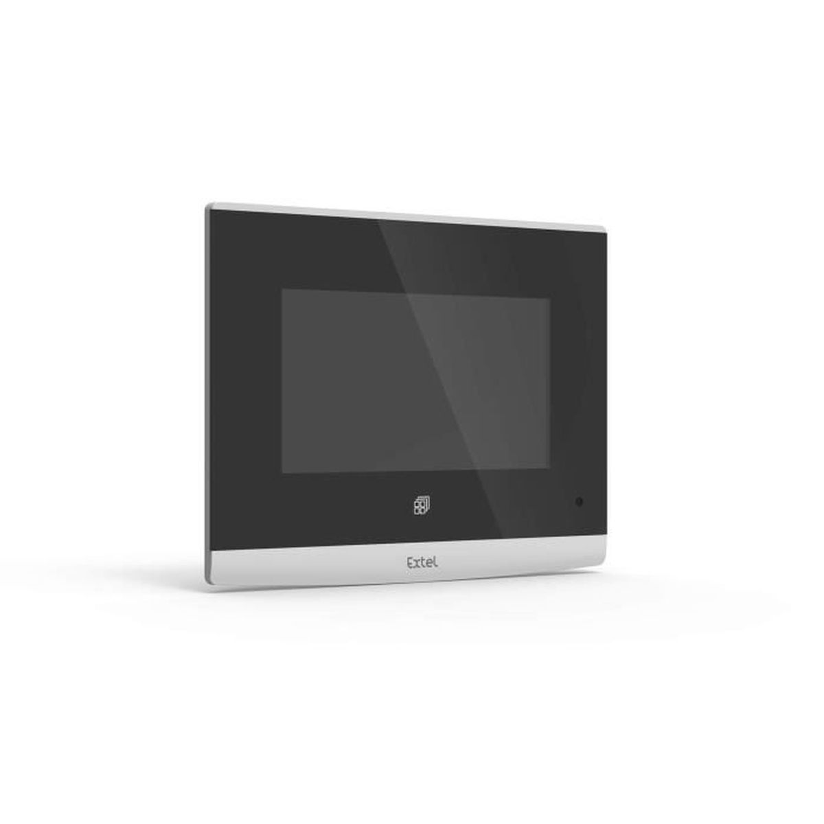 Un moderno monitor de intercomunicador de video blanco con pantalla negra.