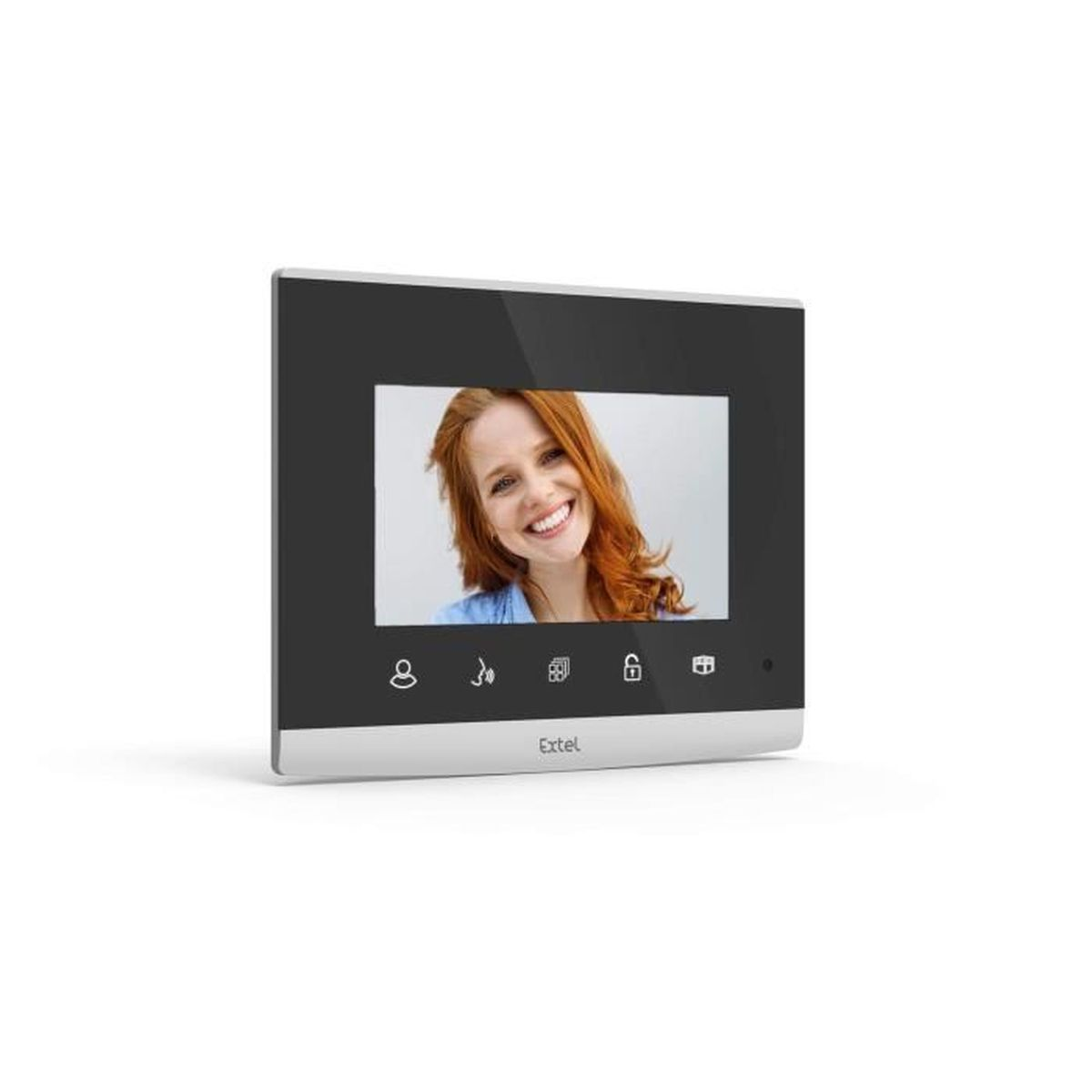 Un intercomunicador blanco moderno con pantalla que muestra el rostro de una mujer.