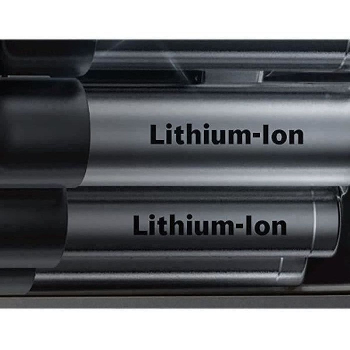 Two lithium-ion batteries shown close-up, with black caps and silver casings.