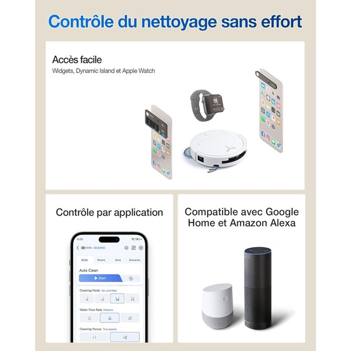 Illustrationen eines Saugroboters, Smartphones und einer Smartwatch.