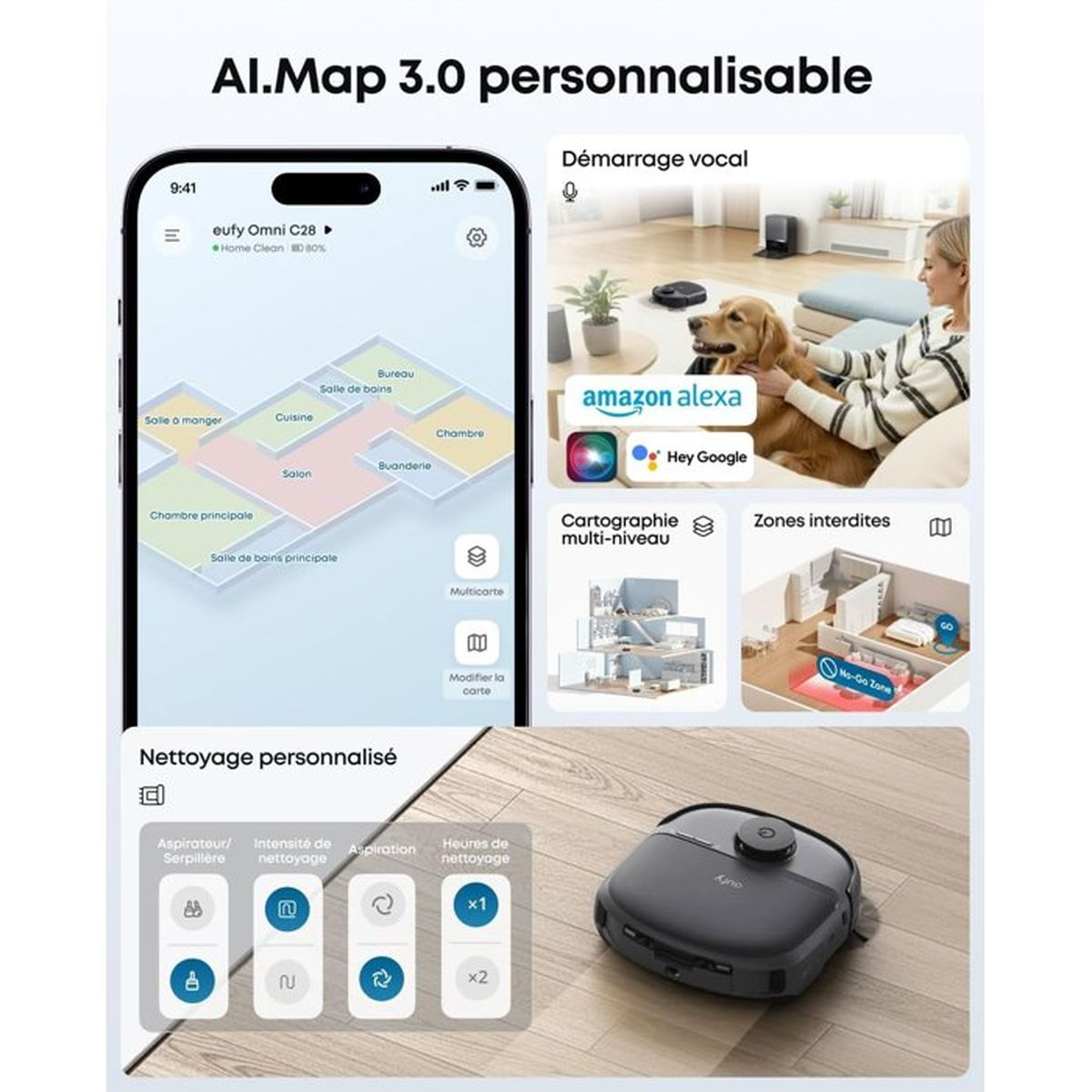 App-Übersicht mit Roboterstaubsauger, Sprachsteuerung, Alexa/Google, Kartierung und No-Go-Zonen.