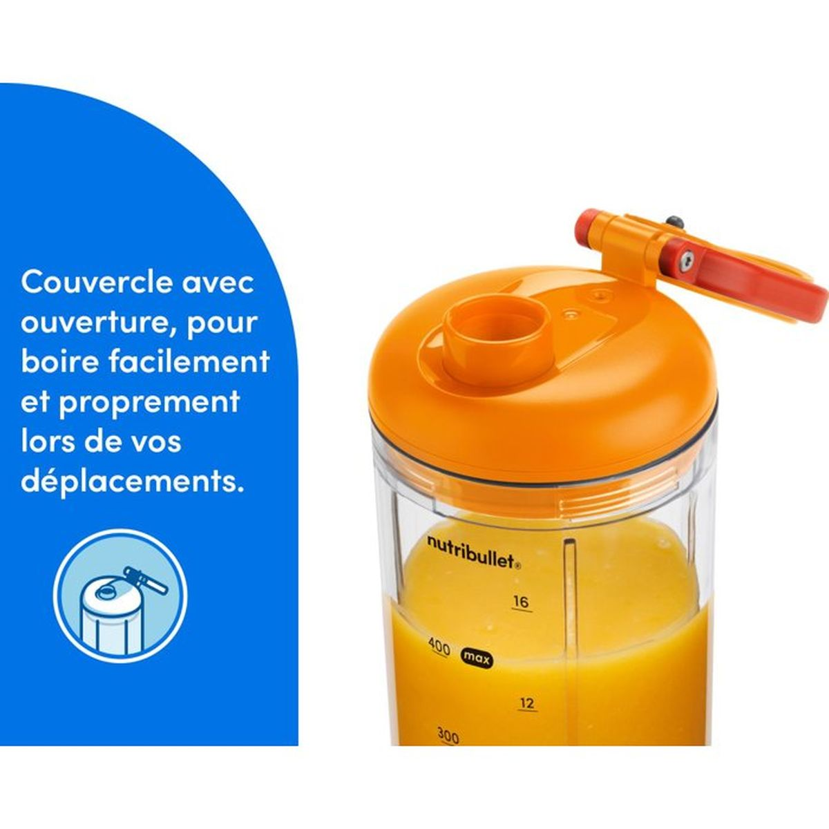 Orange Nutribullet Becher mit Deckel und Griff, gefüllt mit Orangensaft.