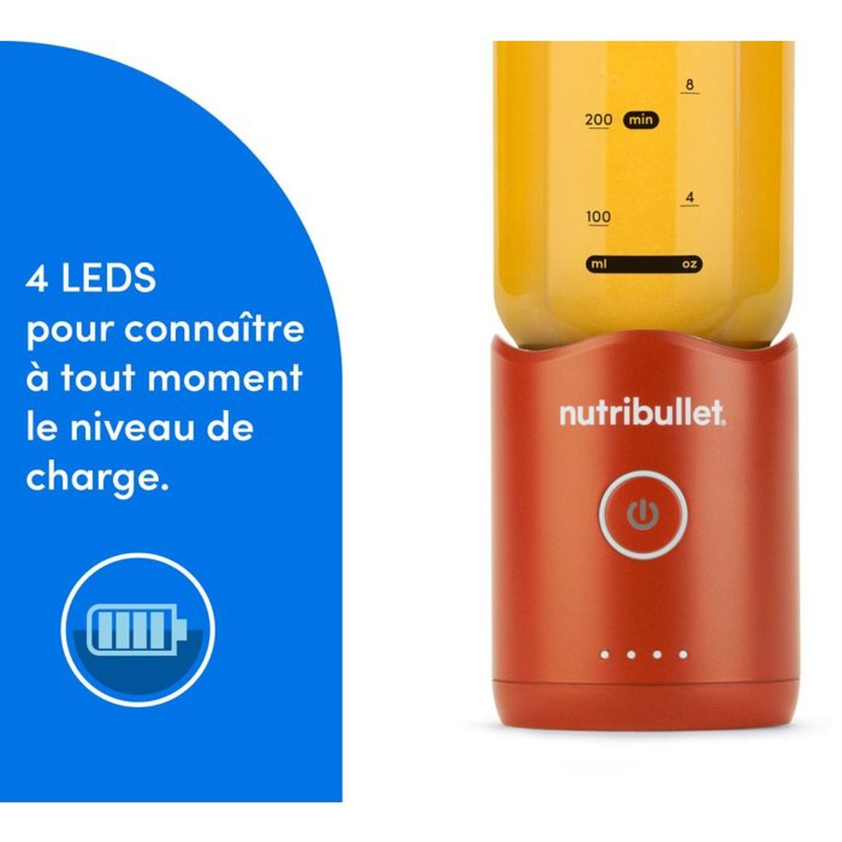 Orange Nutribullet mit gelbem Inhalt und Ladeanzeige.