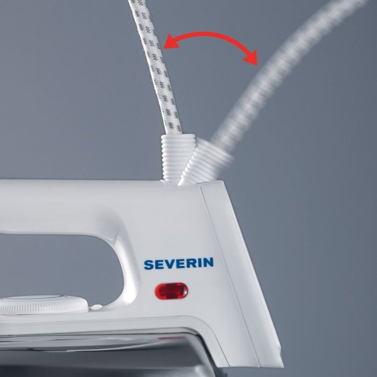 A white iron with a flexible cord attachment. A red arrow indicates the cord's 360-degree rotation capability.
