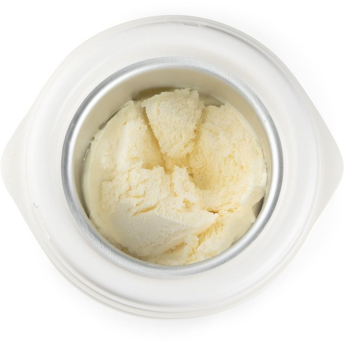 Un contenitore con gelato cremoso alla vaniglia, visto dall'alto.