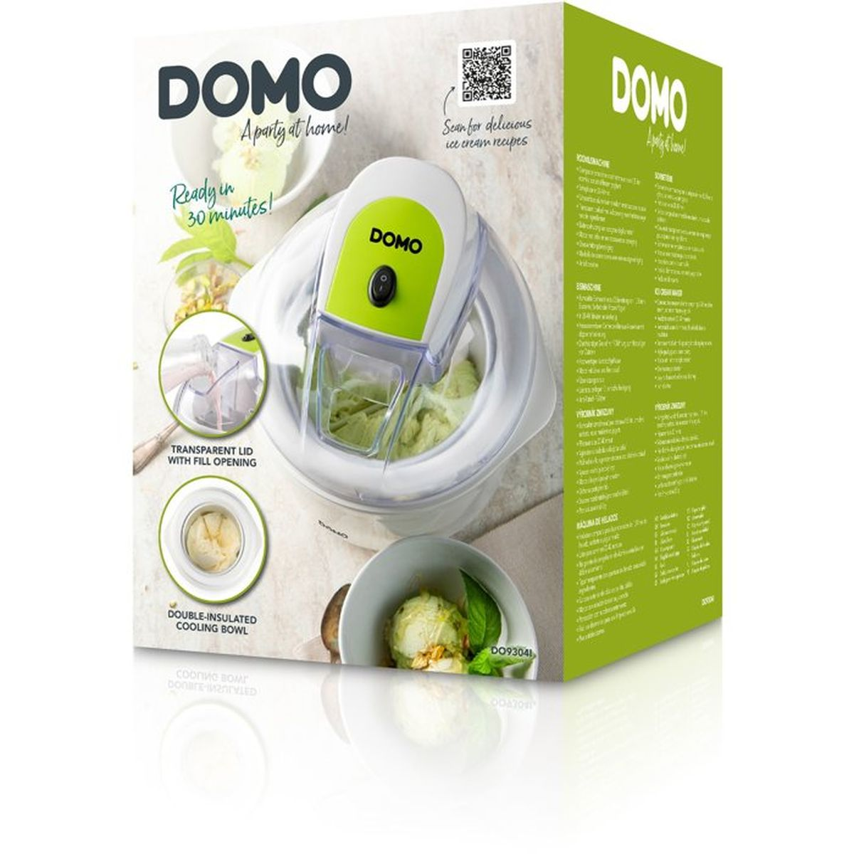Gelatiera DOMO con coperchio verde, gelato pronto in una ciotola.
