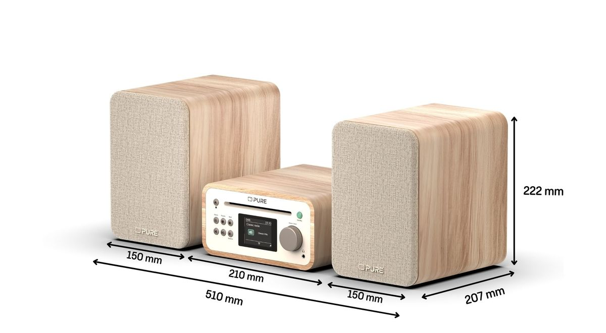 Ein Holz-Stereosystem mit zwei Lautsprechern und einem zentralen Hauptgerät.