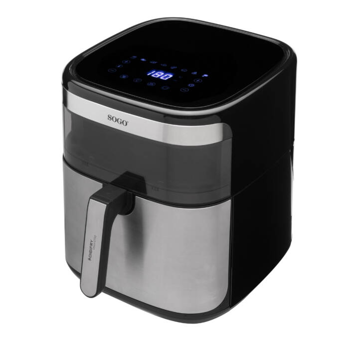 Una friggitrice ad aria Sogo nera e argento con display digitale che mostra 180.