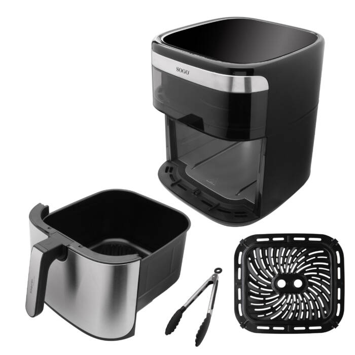 Friggitrice ad aria nera con accessori: cestello, pinze e griglia.