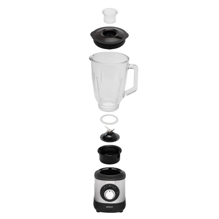 Frullatore smontato: caraffa in vetro, coperchio, guarnizione, lame e base.