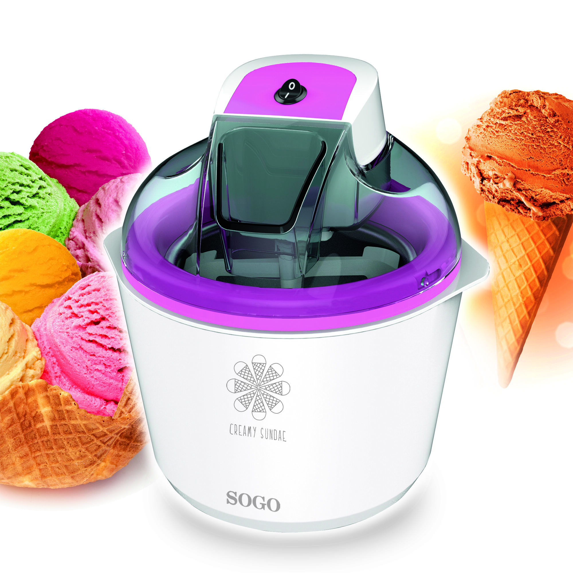 Una gelatiera bianca con coperchio rosa e tante palline di gelato colorate.