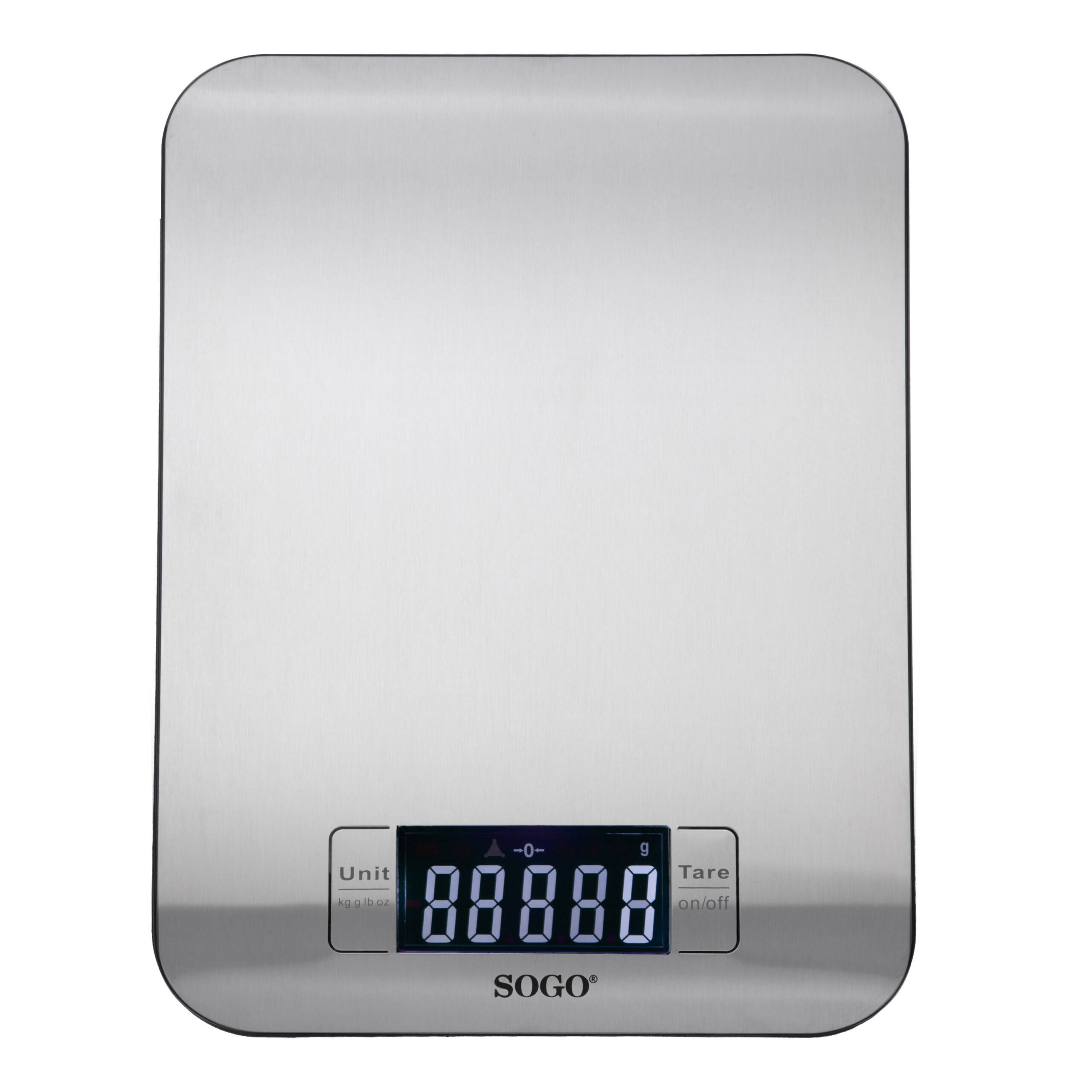 Una bilancia da cucina digitale argentata con display che mostra 00000.