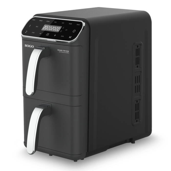 Ein schwarzer Doppelschicht-Heißluftfritteuse von Sogo mit silbernen Griffen und Digitaldisplay.